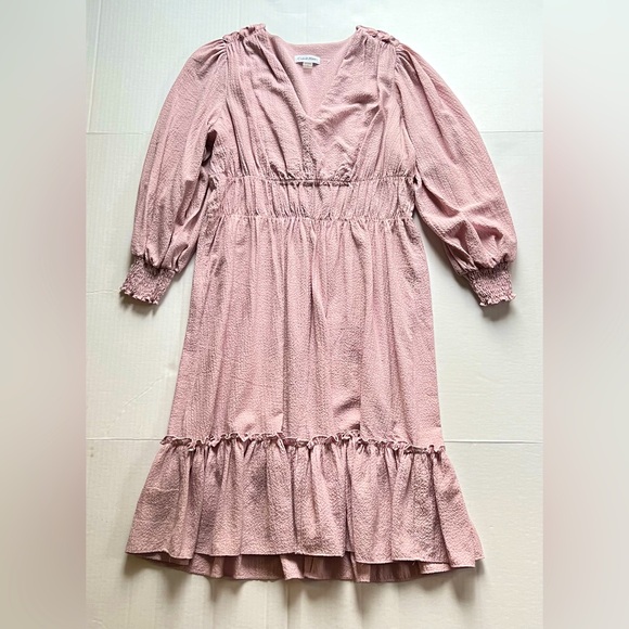 Calvin Klein Dusty Blush Pink Ruffle Sleeve V Neck Crinkle Smock Dress Size 10 - Picture 2 of 10